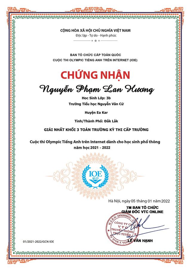 Chúc mừng các em đạt thành tích  trong Cuộc thi Olympic Tiếng Anh trên Internet cấp trường năm học 2021 – 2022